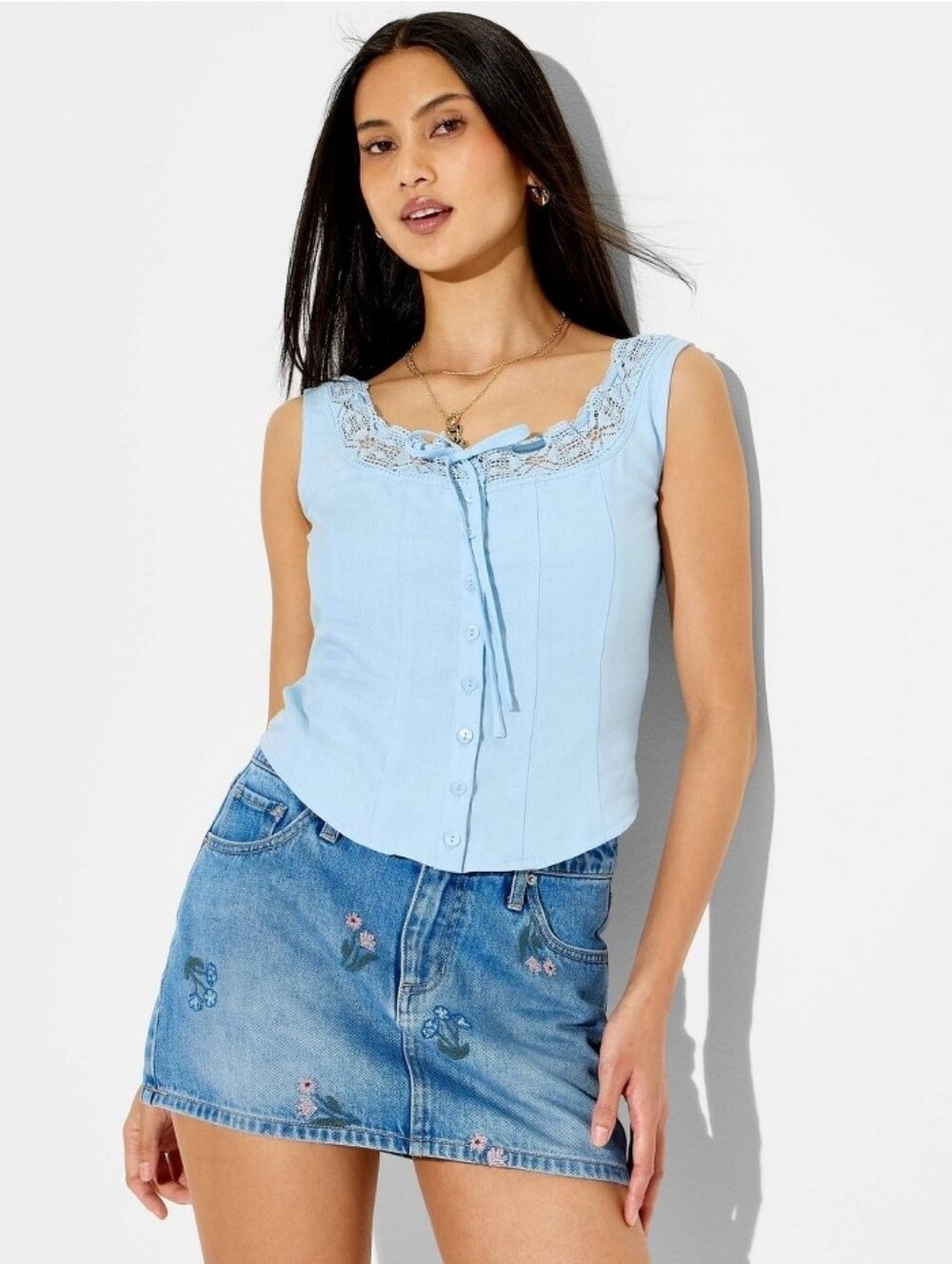 Wild Fable Button-Front Lace Trim Tank Top